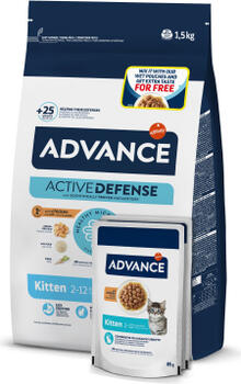Advance Adv cat kitten 1,5 кг + 2 влажных корма на упаковке - полнорационный корм для котят (в возрасте от 2 до 12 месяцев), беременных или кормящих кошек (сухой корм и консервы). (968852)