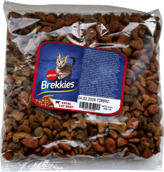 Fasētā barība Brekkies Cat Beef 0,25kg - pilnvērtīga sausā barība pieaugušiem kaķiem, ar liellopu gaļu, dārzeņiem un graudaugiem. (FAS781867)