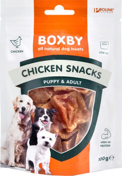 BOXBY CHICKEN SNACKS 100g - дополнительный корм для взрослых собак и щенков от 3 месяцев, сушеные кусочки курицы. (8511010591)