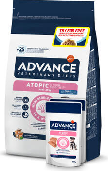 ADVANCE VETERINARY DIET DOG ATOPIC MINI TROUT 1,5 кг + WET - ДИЕТИЧЕСКИЙ КОРМ ДЛЯ СОБАК МЕЛКИХ ПОРОД С ПРОБЛЕМАМИ АТОПИЧЕСКОГО ДЕРМАТИТА. С ФОРЕЛЬЮ. (970373)