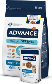 Advance Adv Cat Adult Chicken 1,5 кг + 2 влажных корма на упаковке - полнорационный корм для котят (в возрасте от 2 до 12 месяцев), беременных и кормящих кошек (сухой корм и консервы). (968853)