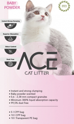 ACE Baby Powder CAT LITTER 10 LT - цементирующийся наполнитель для кошачьего туалета с детской пудрой, 10 л (ACE-002)