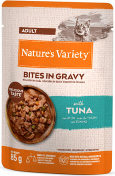 NATURE`S VARIETY Cat Bites in Gravy with Tuna 0.085 kg - полнорационный консервированный корм для взрослых кошек (966225)