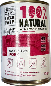PREFERA Fresh Farm CAT Smooth pate with pork 400 gr - полнорационный корм для кошек, паштетообразные консервы для кошек, со свининой. (FFSPP1003C)
