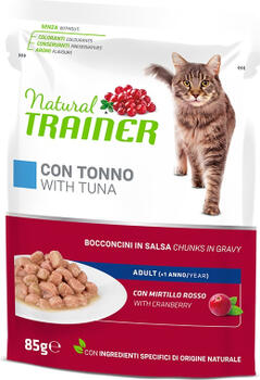 NATURAL TRAINER CAT TUNA 85 г — полнорационный корм для взрослых кошек, кусочки в желе с тунцом, мясом птицы и экстрактом листьев клюквы.(28gb) (967517)