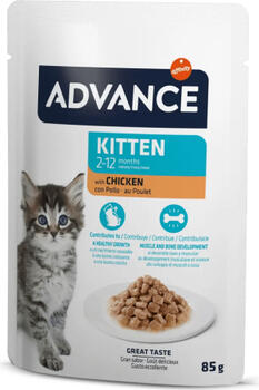 Advance Cat Kitten Chicken 85гр – полноценный и сбалансированный рецепт влажного корма, специально разработанный для котят (2-12 месяцев), беременных и кормящих кошек. С курицей (12gb). (964526)