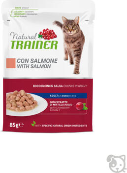 NATURAL TRAINER CAT SALMON 85 г — полнорационный корм для взрослых кошек, кусочки в желе с лососем, курицей и экстрактом листьев клюквы. (28gb) (967538)