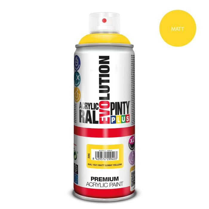 Akrila krāsa aerosolā dzeltena matēta RAL 1021 Evolution PintyPlus 400ml (386)