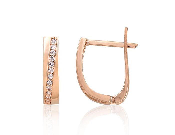 Золотые серьги на английском замке #1201481(Au-R)_CZ, Красное Золото 585°, Цирконы. Вес: 1.63