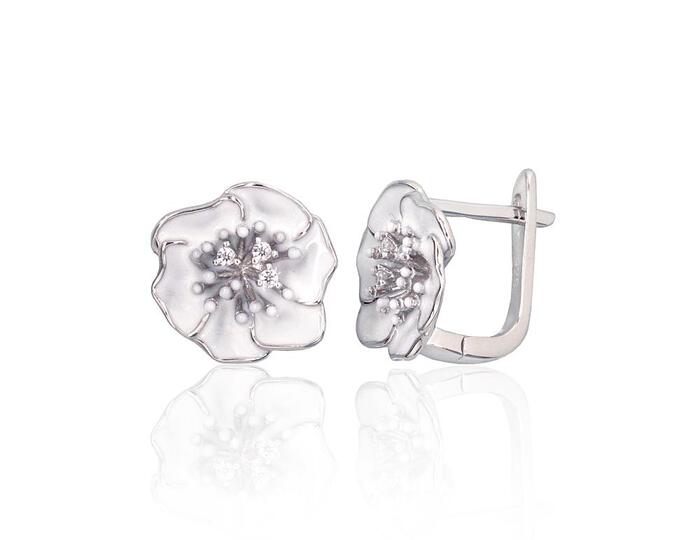 Серебряные серьги на английском замке #2204321(PRh-Gr)_CZ+ML-W, Серебро 925°, родий (покрытие), Цирконы , Ювелирная эмаль. Вес: 4.6