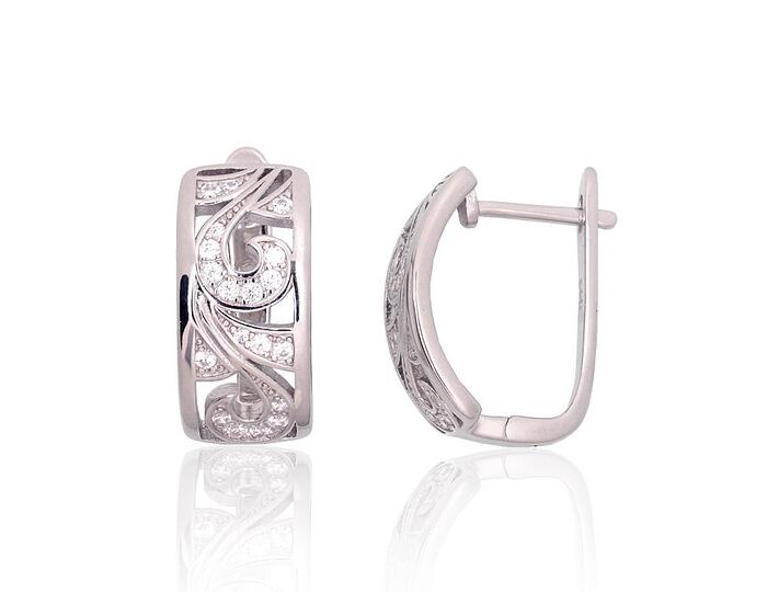 Серебряные серьги на английском замке #2204261(PRh-Gr)_CZ, Серебро 925°, родий (покрытие), Цирконы. Вес: 5.2