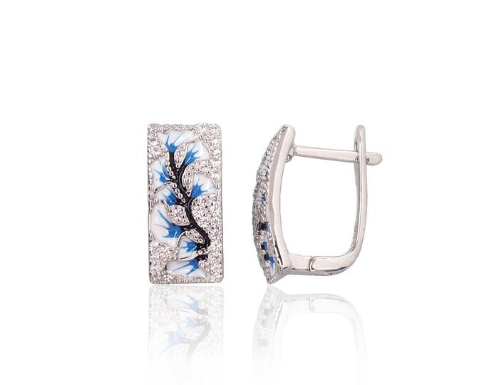 Серебряные серьги на английском замке #2204324(PRh-Gr)_CZ+ML-B+ML-W+ML-BK, Серебро 925°, родий (покрытие), Цирконы , Ювелирная эмаль. Вес: 3.8