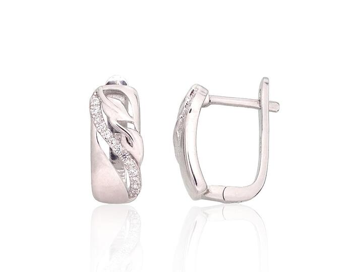 Серебряные серьги на английском замке #2204225(PRh-Gr)_CZ, Серебро 925°, родий (покрытие), Цирконы. Вес: 3.6