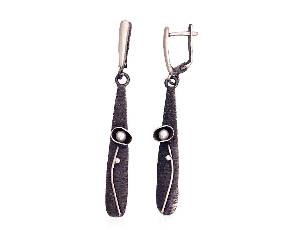 Серебряные серьги #2203497(Matt+POx-MattBk)_PE, Серебро 925°, оксид (покрытие), Жемчуг. Вес: 7.9