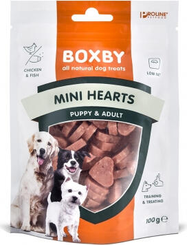 BOXBY PUPPY SNACKS MINI HEARTS 100 GR - дополнительный корм для щенков и взрослых собак, сердце с курицей и рыбой. (8511010734)