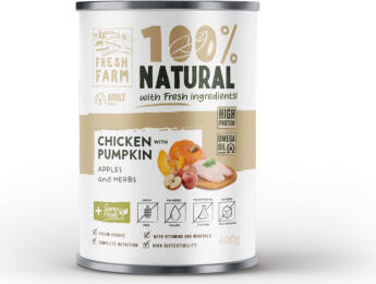 Prefera PF Fresh Farm DOG Coarse pate - chicken,pumpkin,apples & herbs 400 gr - pilnvērtīga barība, pastētes veida konservi ar vistas gaļu. (FF2000)
