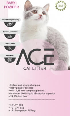 ACE Baby Powder CAT LITTER 20 LT - цементирующийся наполнитель для кошачьего туалета с детской пудрой, 20 л (ACE-003)