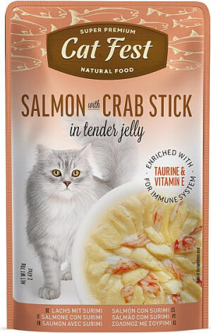 CatFest Salmon With Crab Stick in Jelly 70g - Полноценный корм для взрослых кошек, дикий лосось с крабовыми палочками в желе (79218923)