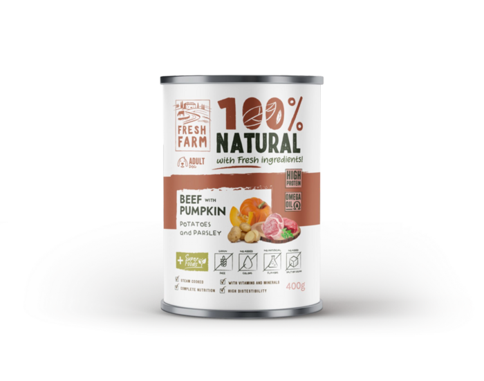 PF Fresh Farm DOG Coarse pate beef,pumpkin,potatoes & parsley 400 gr - pilnvērtīga mitrā barība, rupjas konsistences pastēte, liellopa gaļa, ķirbis, kartupeļi un pētersīļi (FF2001)
