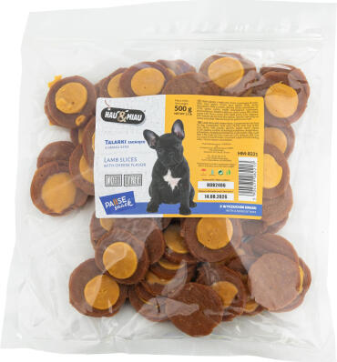 HAU & MIAU lamb slices with cheese flavor 500g - дополнительный корм для взрослых собак, ломтики ягненка со вкусом сыра (HM-8221)