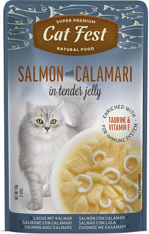 CatFest Salmon With Calamari in Jelly 70g - Полноценный корм для взрослых кошек, дикий лосось с кальмаром в желе (79218930)