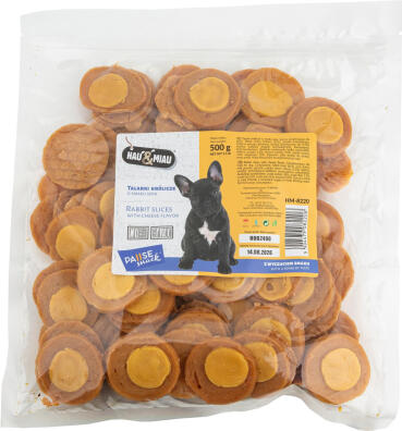 HAU & MIAU rabbit slices with cheese flavor 500g - дополнительный корм для взрослых собак, ломтики мяса кролика со вкусом сыра (HM-8220)