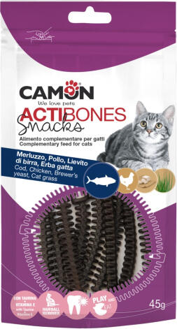 CAMON Actibones 45g — дополнительный корм для взрослых кошек, лакомство с треской, лососем и кошачьей мятой. (AF255)