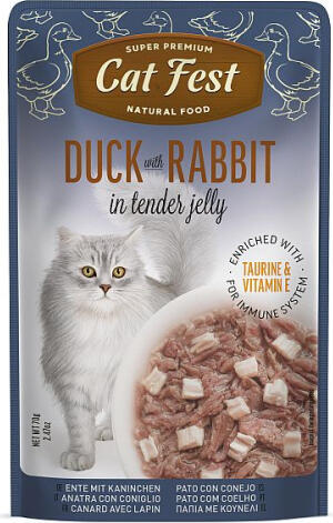 CatFest Duck With Rabbit in Jelly 70g - Полноценный корм для взрослых кошек, филе утки с мясом кролика в желе (79218886)