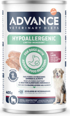 ADVANCE VETERINARY DIET DOG HYPOALLERGENIC LAMB 400G - KONSERVI SUŅIEM AR BARĪBAS NEPANESĪBU UN ALERĢIJĀM (967602)