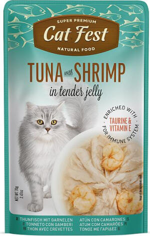 CatFest Tuna With Shrimp in Jelly 70g - Полноценный влажный корм для взрослых кошек, кусочки филе океанического тунца с цельными креветками в желе (79218008)