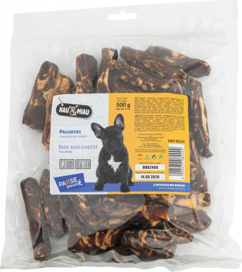 HAU & MIAU beef and chesse thumbs 500g – papildbarība pieagušiem suņiem, liellopu gaļas un siera standziņas (HM-8224)