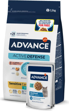 Advance Adv cat adult sterelized sensitive 1,5 кг + 2 WETSTZ COD - полнорационный сухой и влажный корм для взрослых стерилизованных кошек от 1 до 10 лет с чувствительной пищеварительной системой. С лососем. (968854)